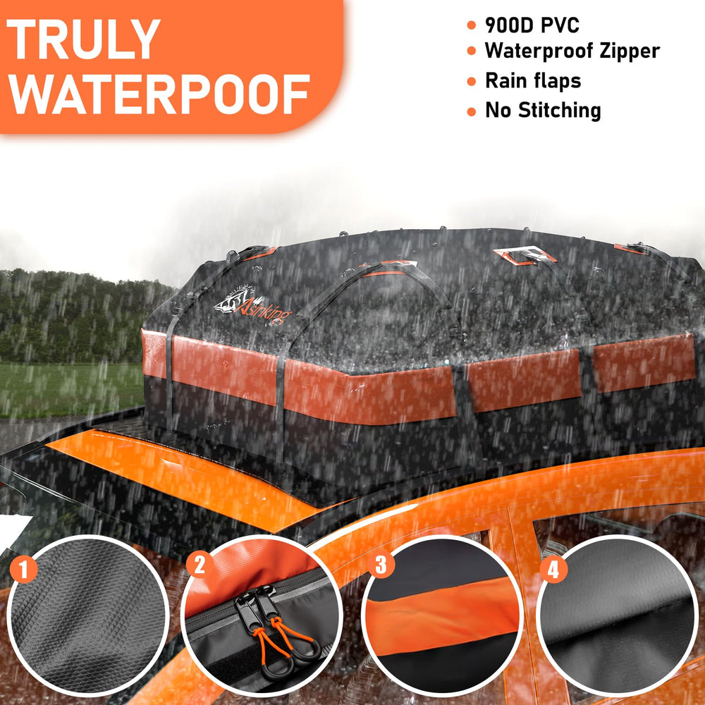 Asinking roof bag mounted on SUV demonstrating added luggage capacity and secure fit