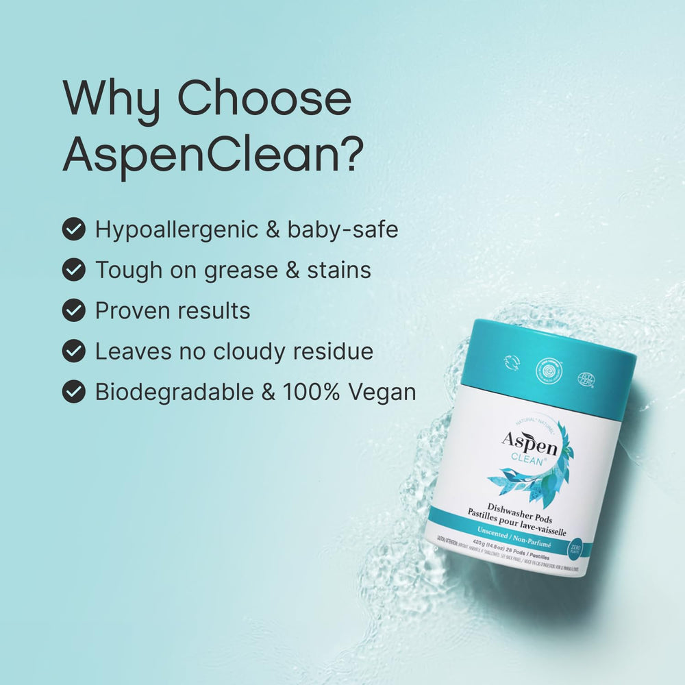 AspenClean envase compostable abierto, muestra ahorro plástico y facilidad de uso