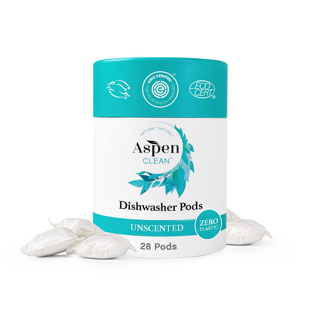 AspenClean frontal del paquete compostable mostrando 28 pastillas y sostenibilidad