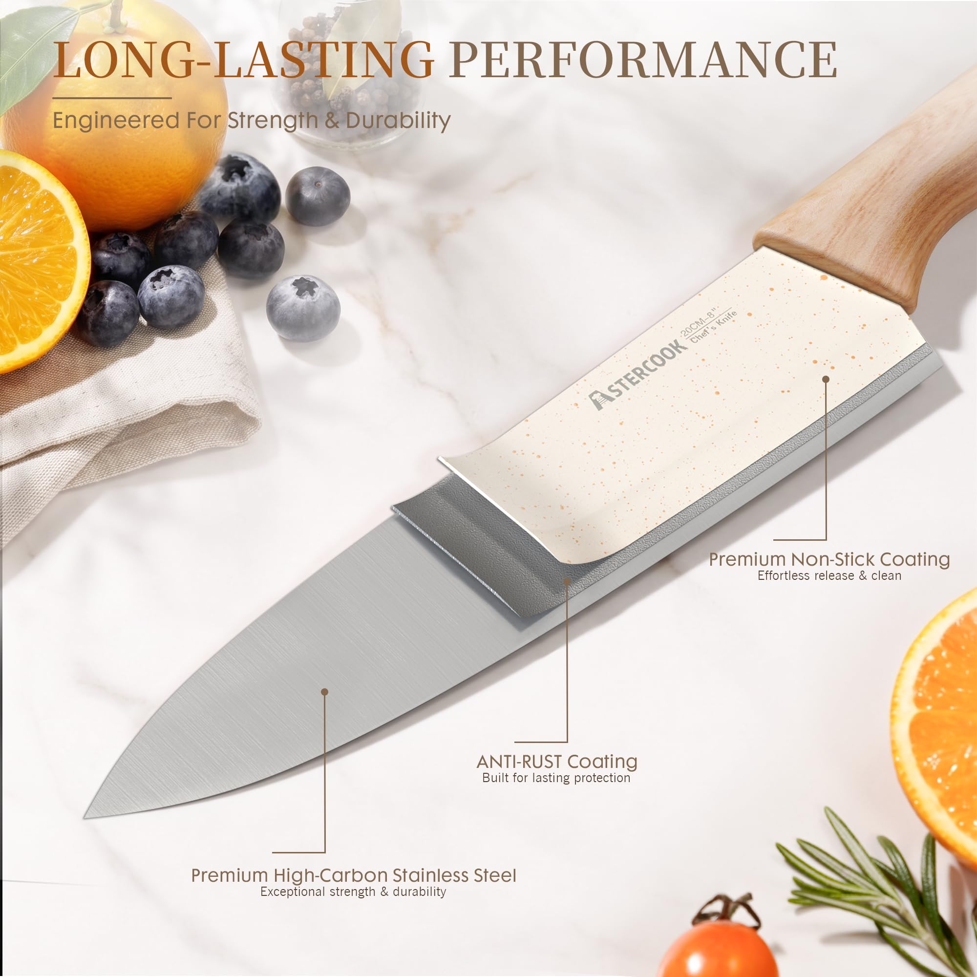 Astercook cuchillo de chef en uso cortando verduras con precisión