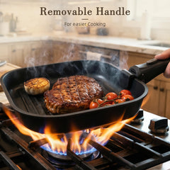 Astercook detachable handle locked to pan for safe, steady grip