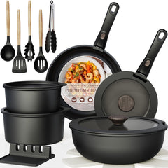 Astercook front packshot showing full 21-piece set and space-saving appeal