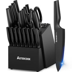 Astercook front view of full 21-piece set in block showing organized storage and convenience