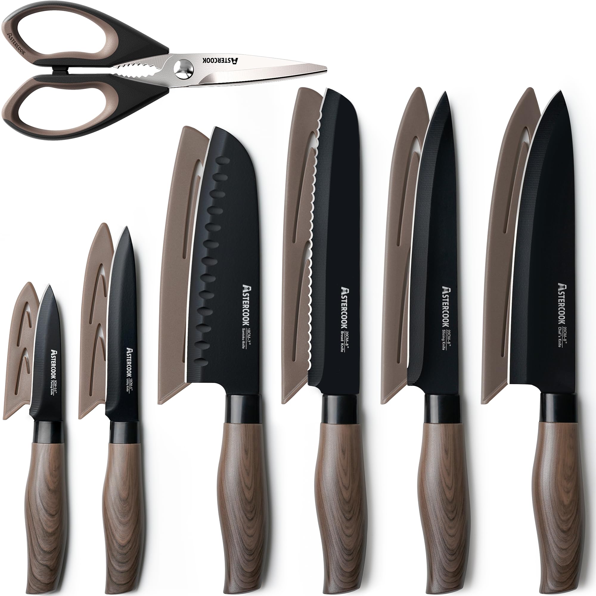 Astercook vista frontal del set completo con estuche y cuchillos, practicidad inmediata