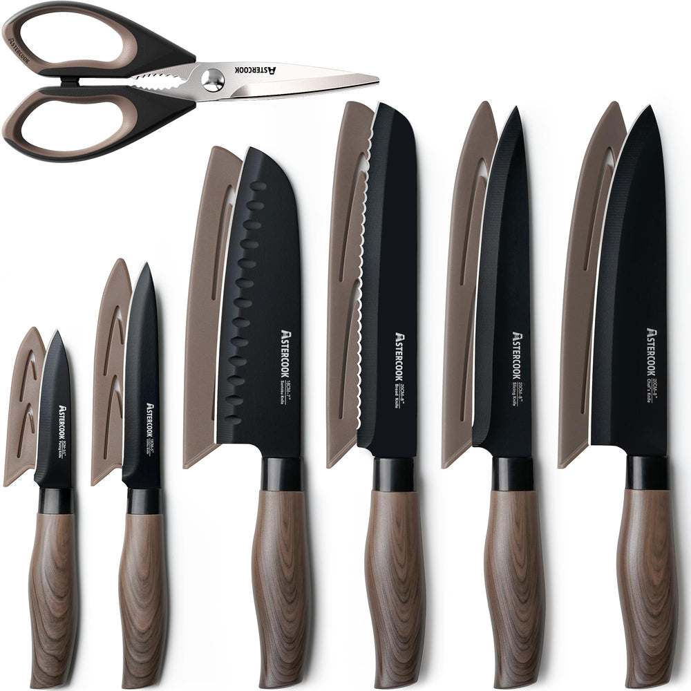 Astercook vista frontal del set completo con estuche y cuchillos, practicidad inmediata