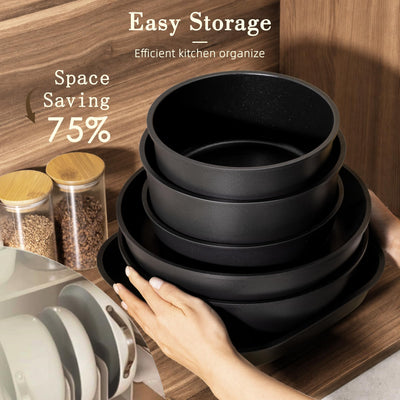 Astercook stacked pans in cabinet saving space for organized kitchens