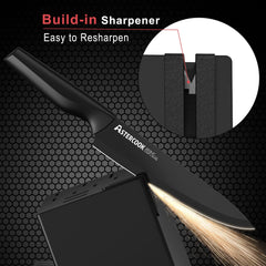 Astercook steak knives being used at table highlighting clean serrated cuts and serving ease