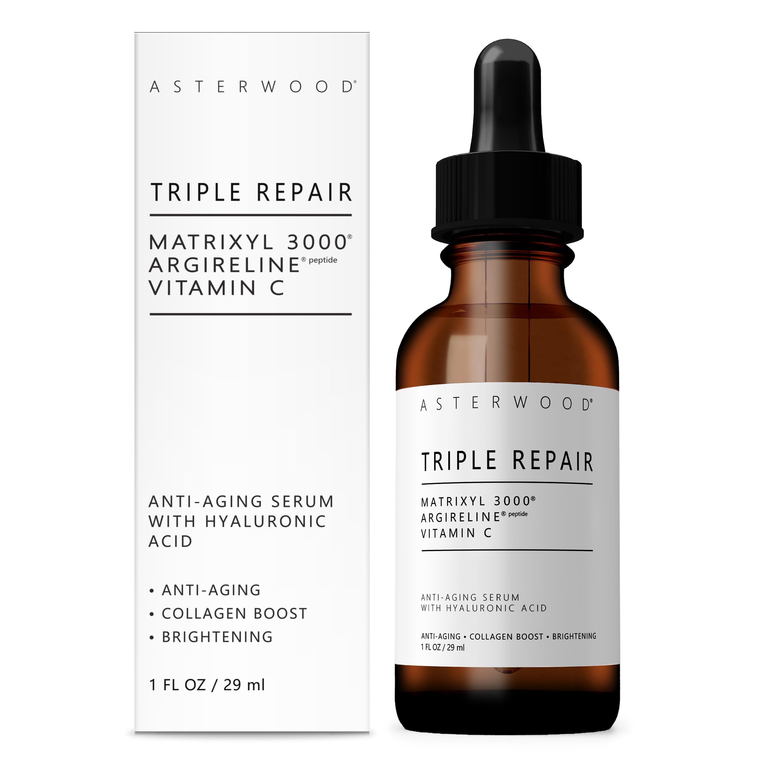 Asterwood serum frente mostrando envase elegante y claro beneficio de firmeza