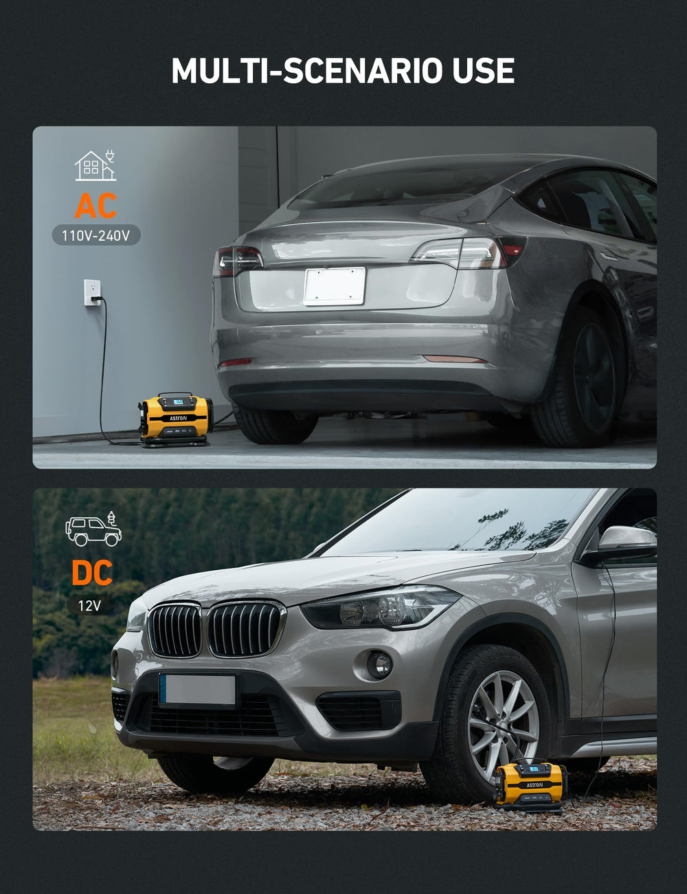 AstroAI inflando neumático de coche conectado al puerto 12 V para emergencia rápida