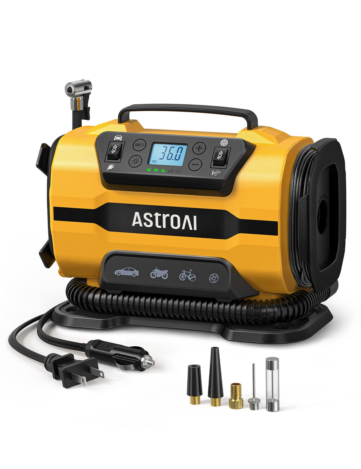 AstroAI vista frontal del compresor portátil mostrando controles y carcasa resistente