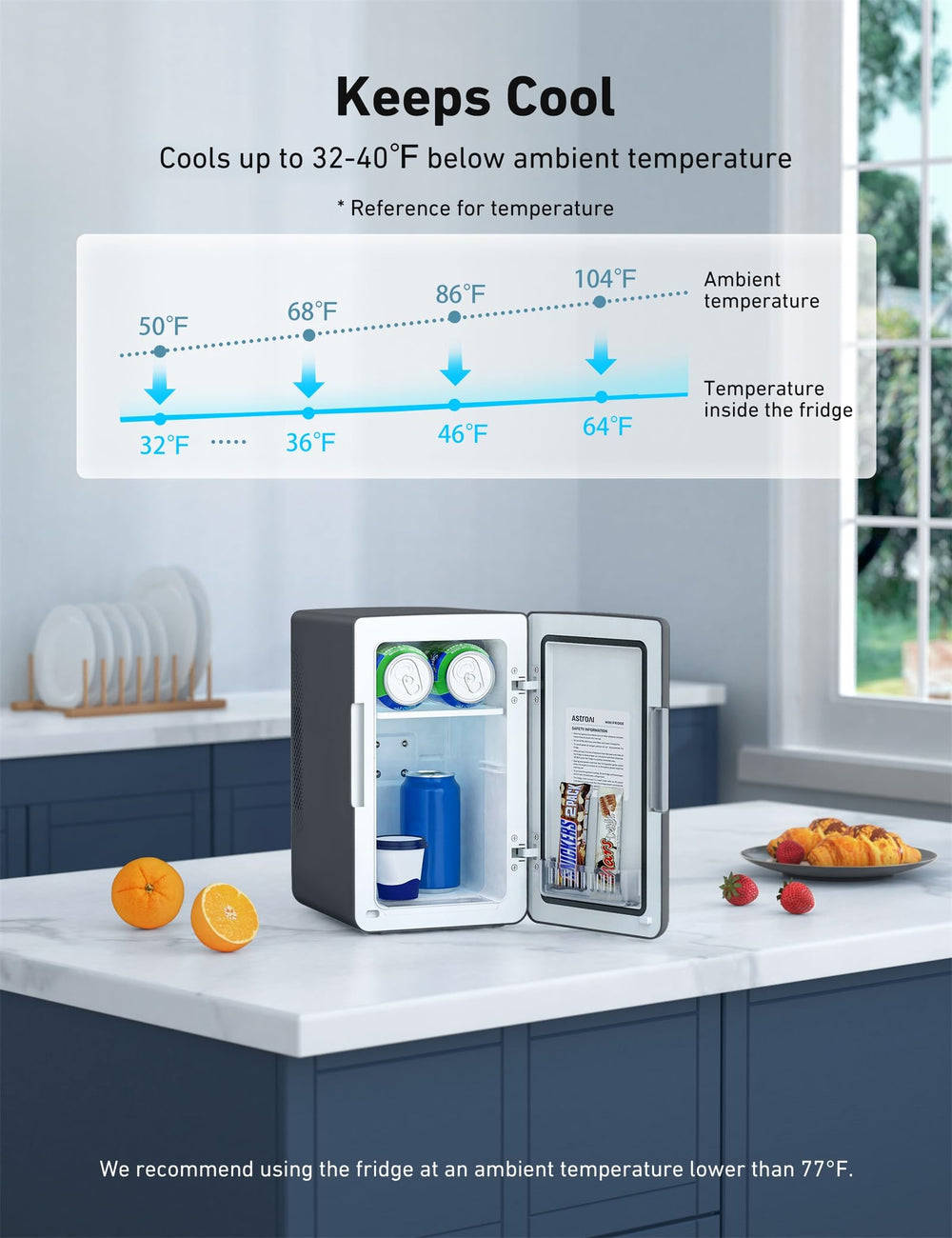 AstroAI interior con estante desmontable que facilita organizar latas, botellas y cosméticos
