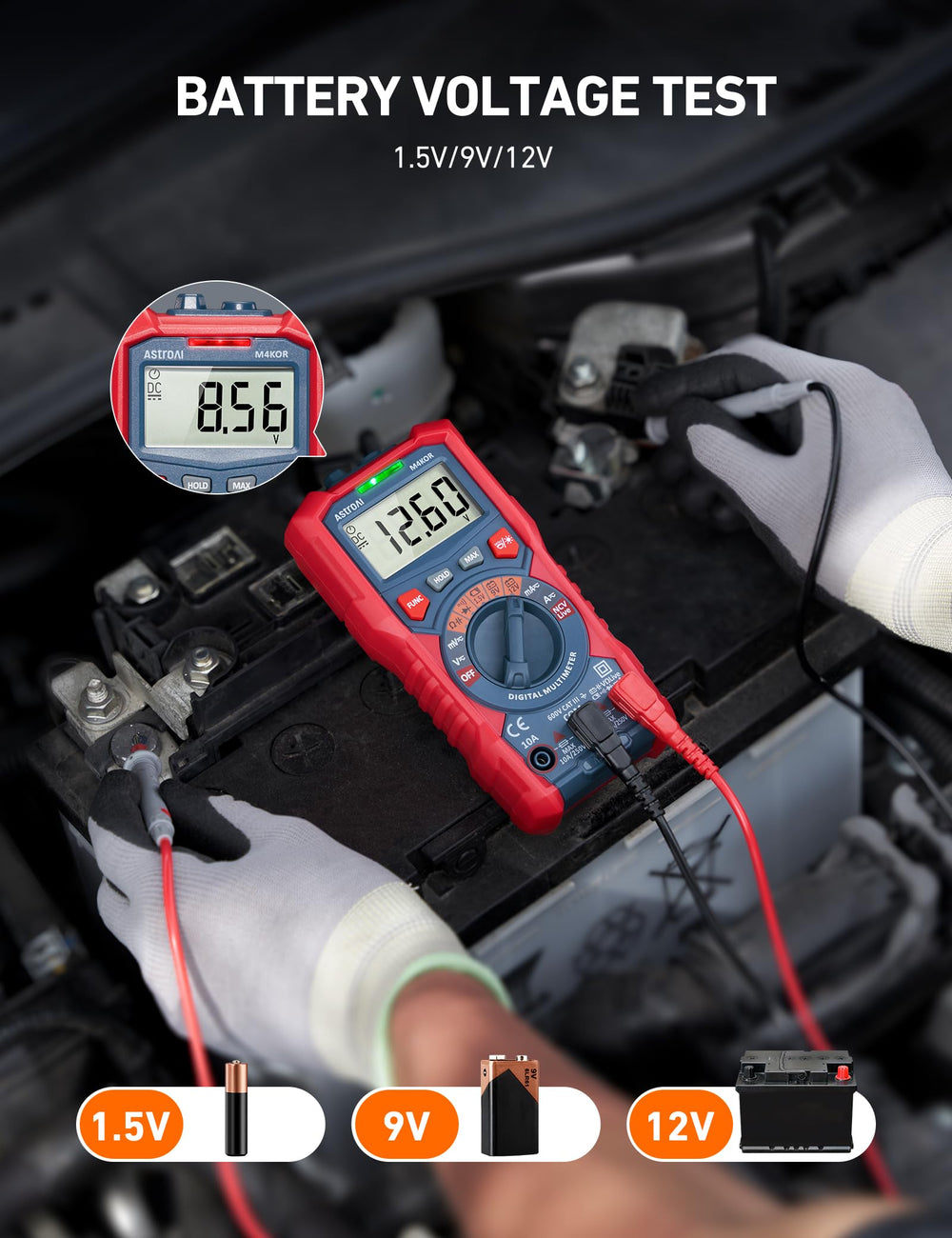 AstroAI comprobando una batería 1.5V con indicador de carga y resultado visible