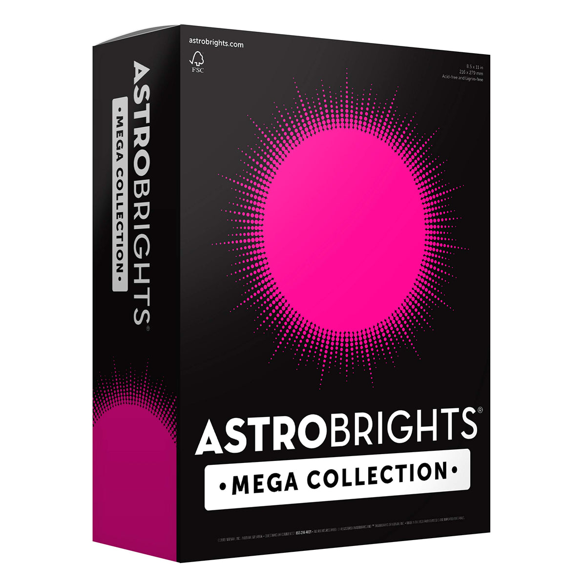 Astrobrights frente del paquete mostrando 625 hojas y color Ultra Pink