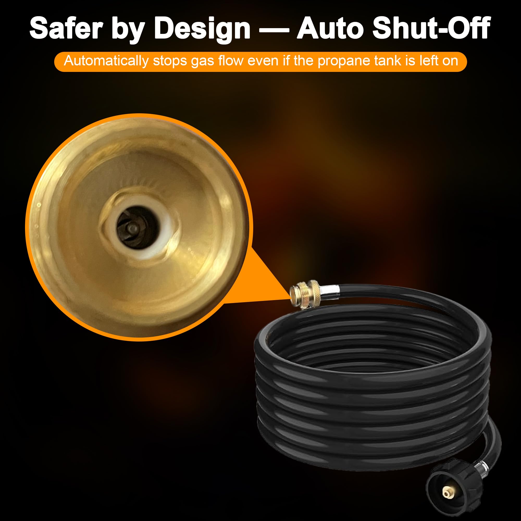 Athnevy 10ft hose connector close-up highlighting auto shut-off for safer tank changes