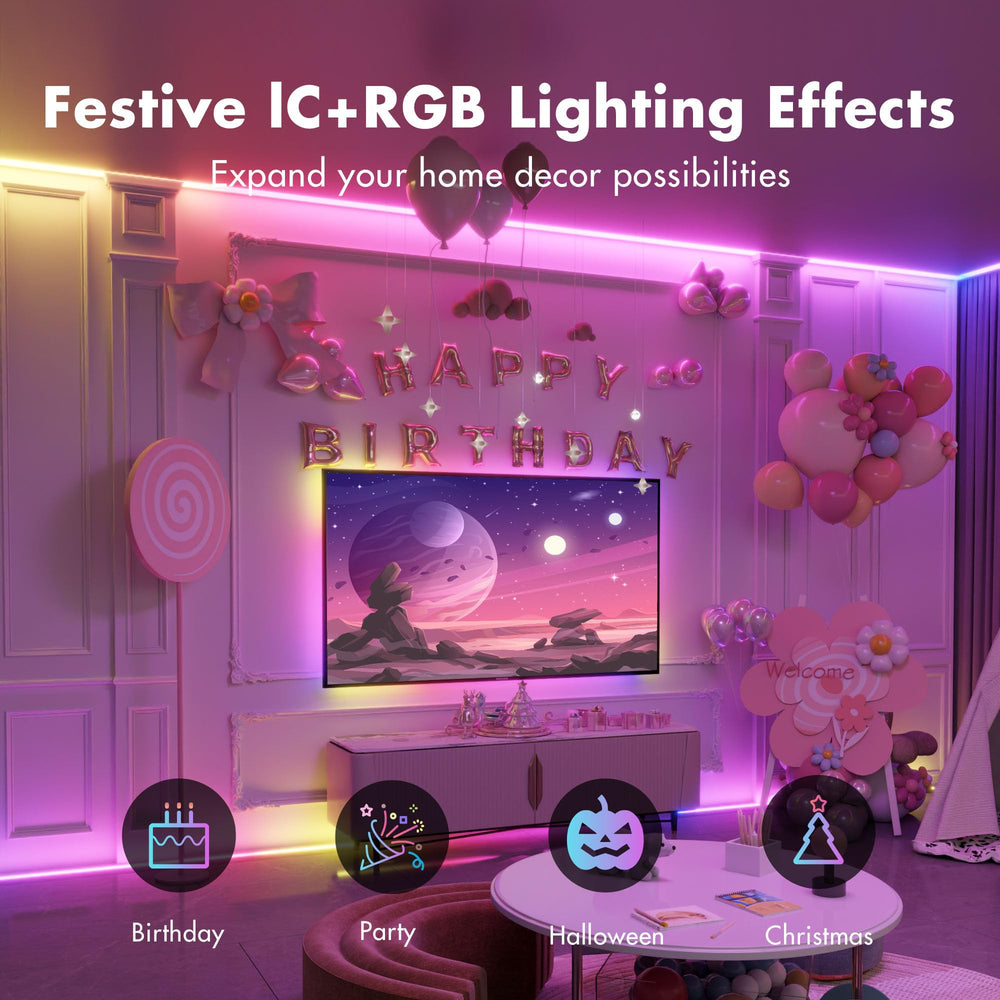 ATHONO strip mounted behind TV, provides immersive bias lighting and reduced eye strain