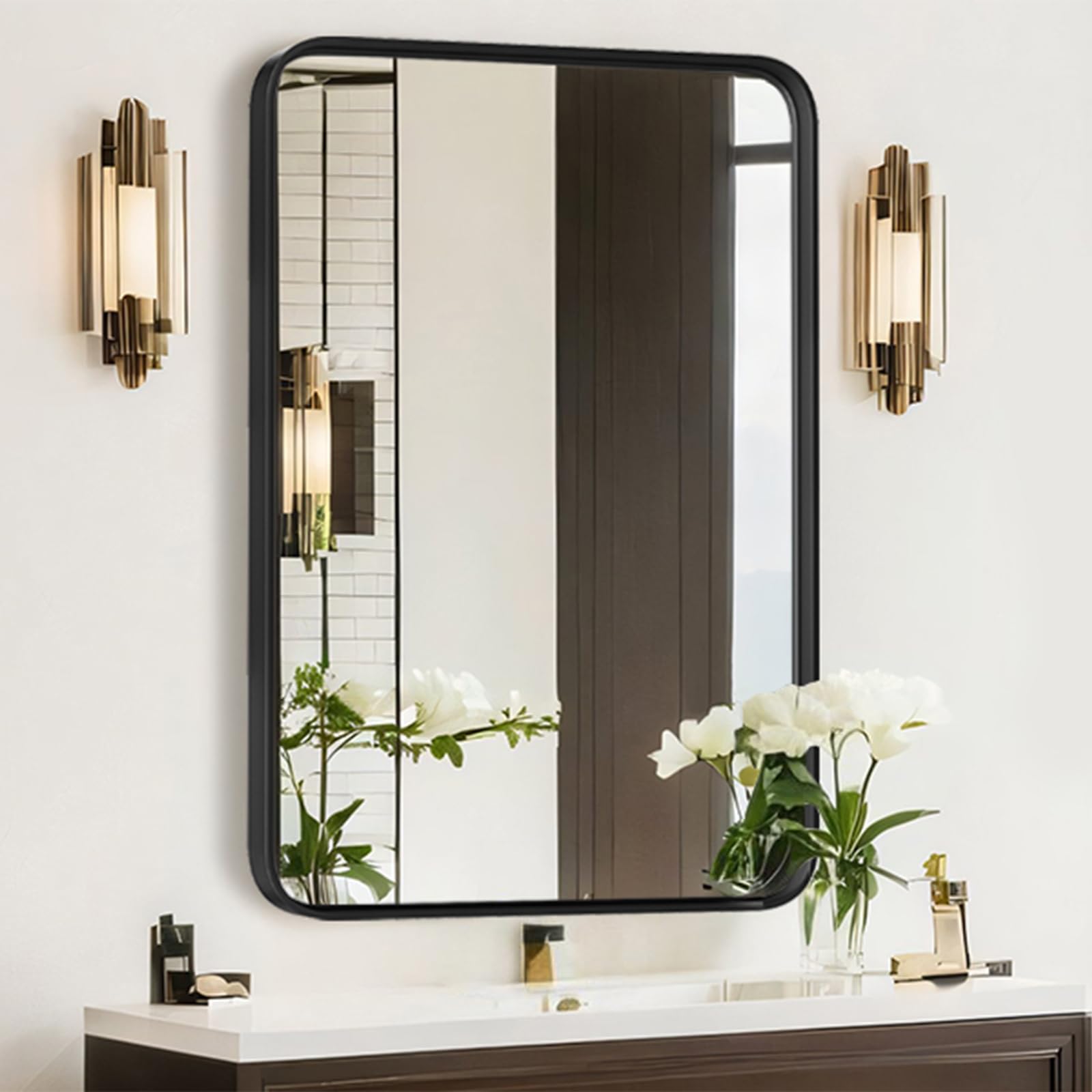 Atilioo front-facing matte black framed mirror showing sleek modern look and clear reflection
