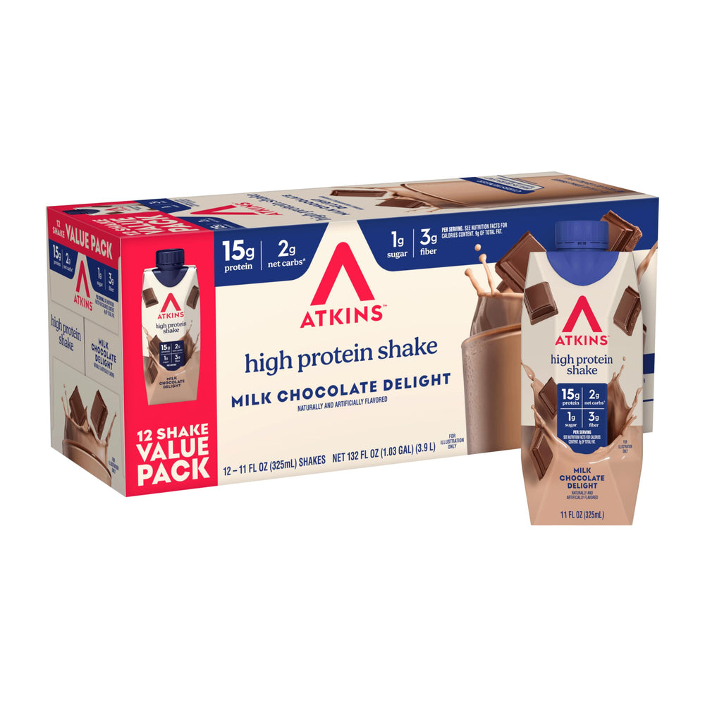 Atkins botella frontal mostrando diseño y sabor chocolate con beneficios de proteína