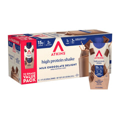 Atkins botella frontal mostrando diseño y sabor chocolate con beneficios de proteína