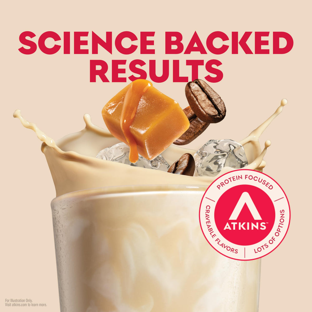 Atkins batido en mano para llevar que ilustra conveniencia y aporte de proteína en movimiento