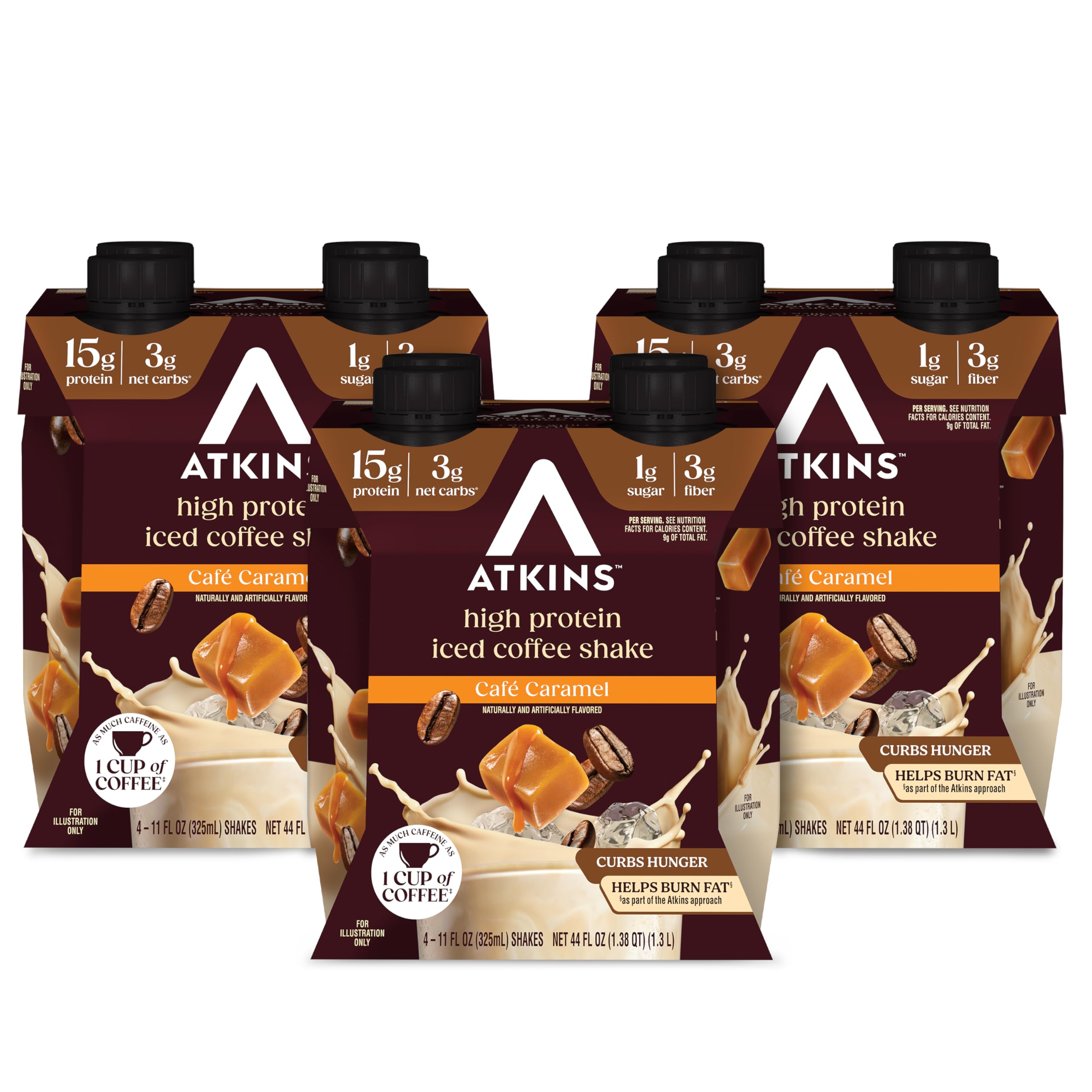 Atkins botella frontal con etiqueta café caramelo que muestra información nutricional y beneficio práctico