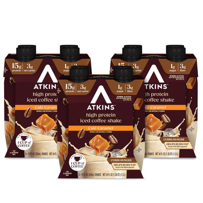 Atkins botella frontal con etiqueta café caramelo que muestra información nutricional y beneficio práctico