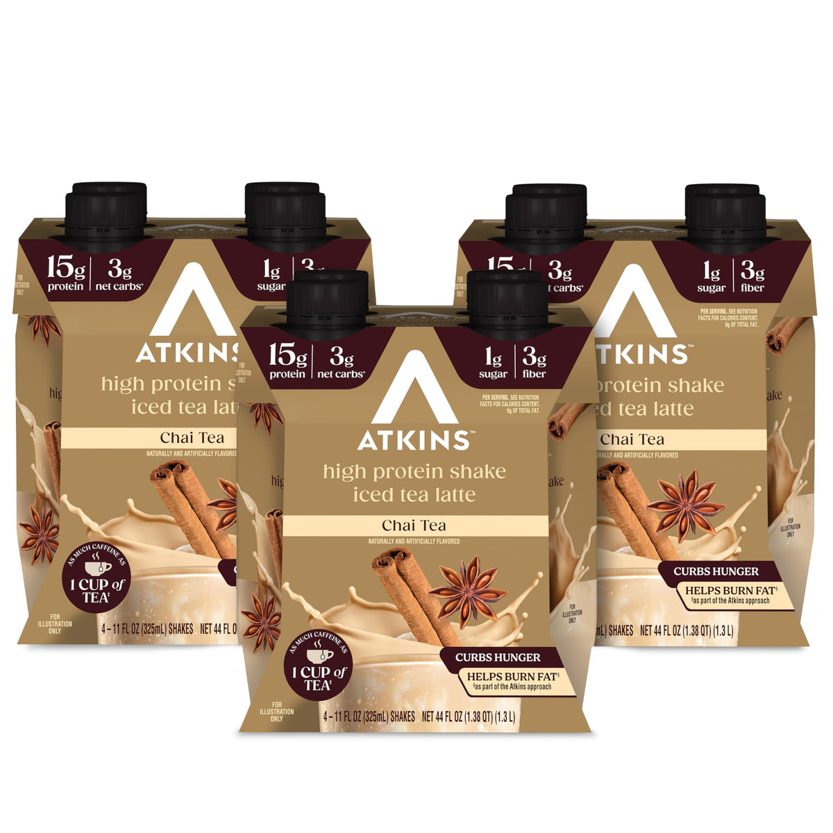Atkins chai frente del envase mostrando el diseño y beneficios rápidos