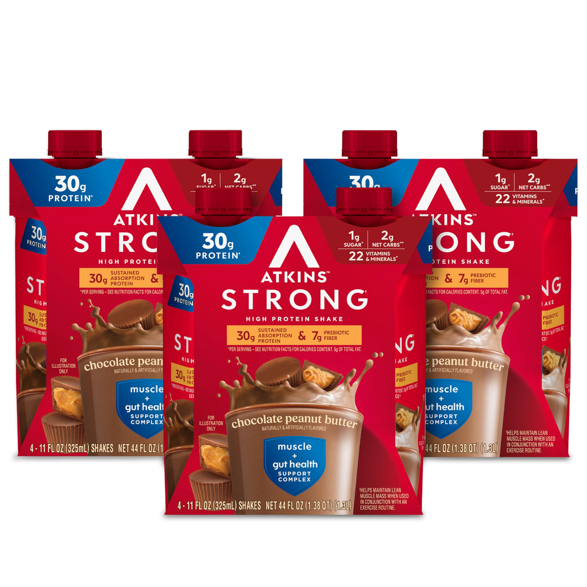 Atkins frente del cartón mostrando sabor chocolate y mantequilla de cacahuate, práctico para llevar