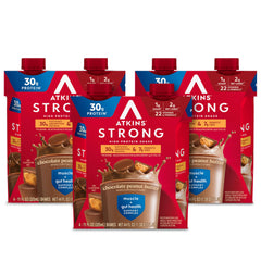 Atkins frente del cartón mostrando sabor chocolate y mantequilla de cacahuate, práctico para llevar
