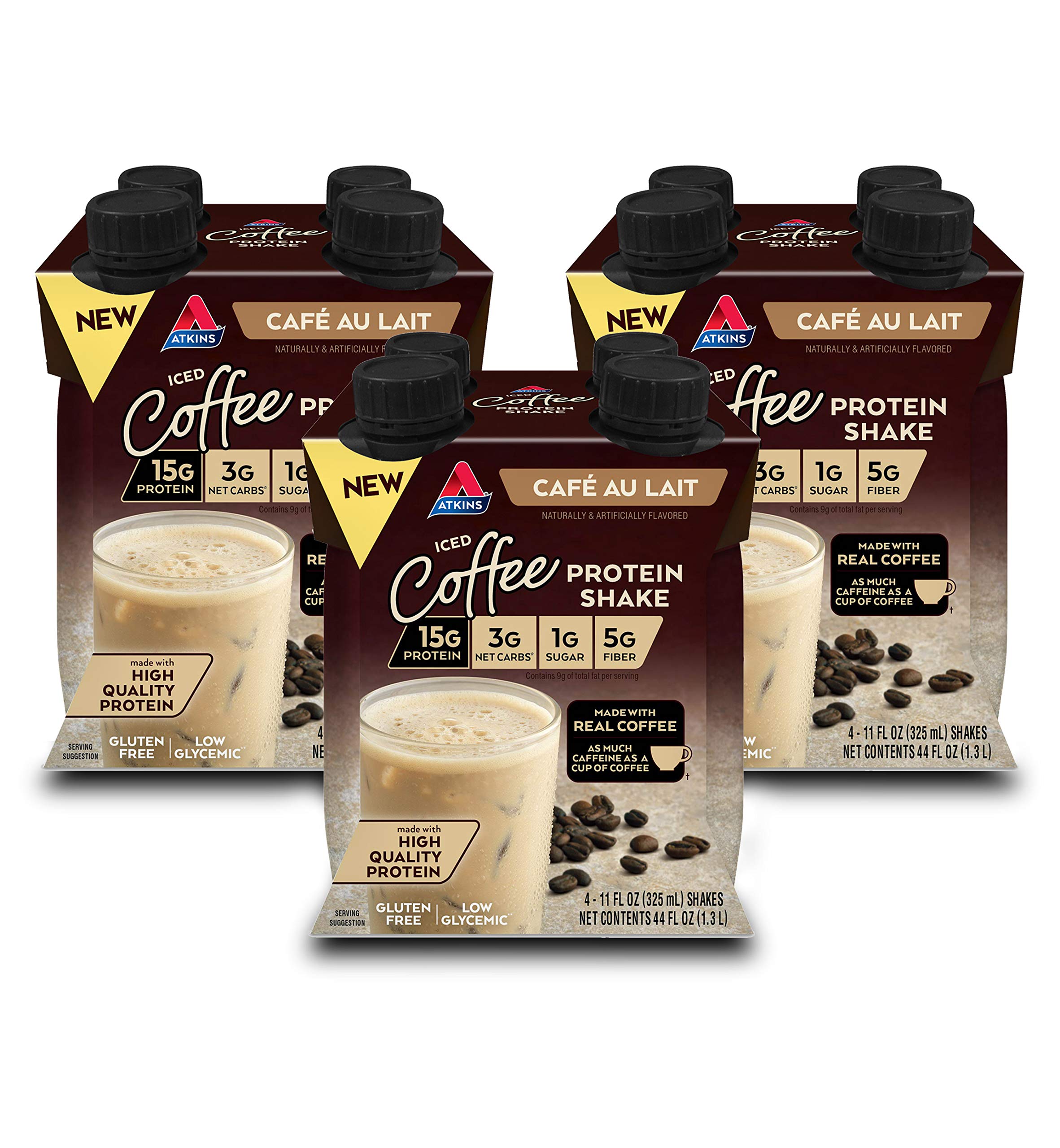 Atkins frente del empaque mostrando sabor Café au Lait y beneficios