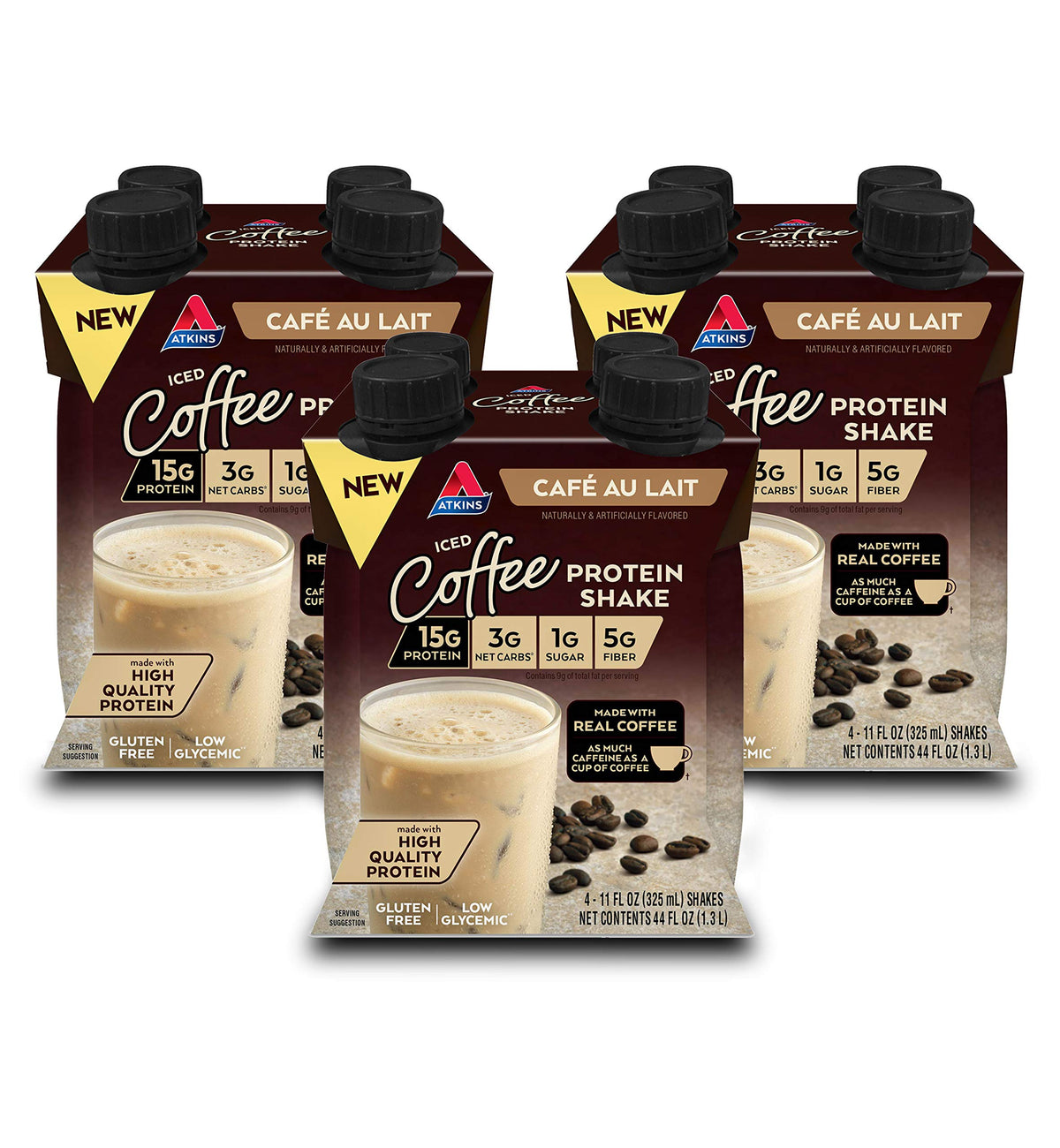 Atkins frente del empaque mostrando sabor Café au Lait y beneficios