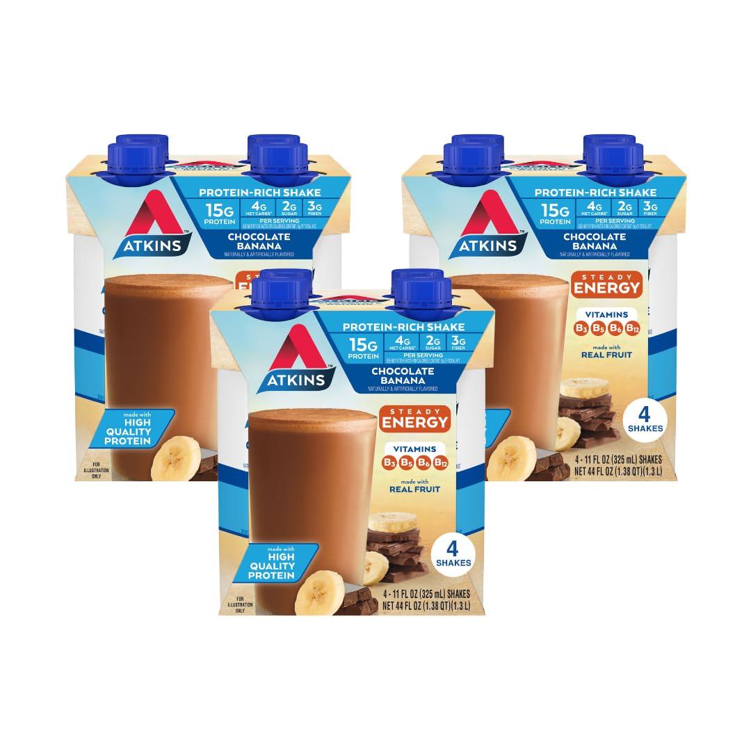 Atkins frente del envase chocolate banana mostrando sabor y beneficio saciante