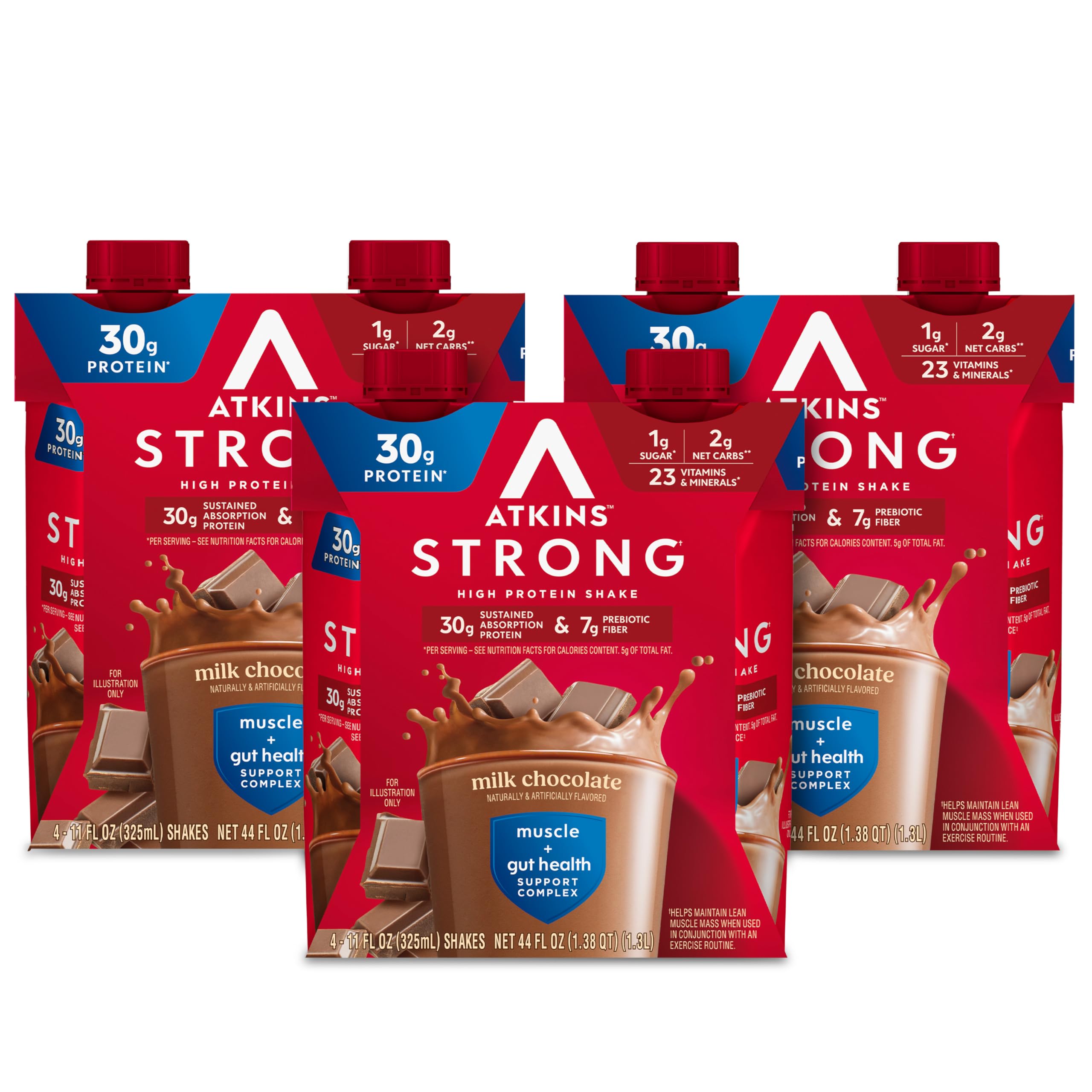 Atkins envase frontal sabor Milk Chocolate mostrando marca y beneficio alto en proteína