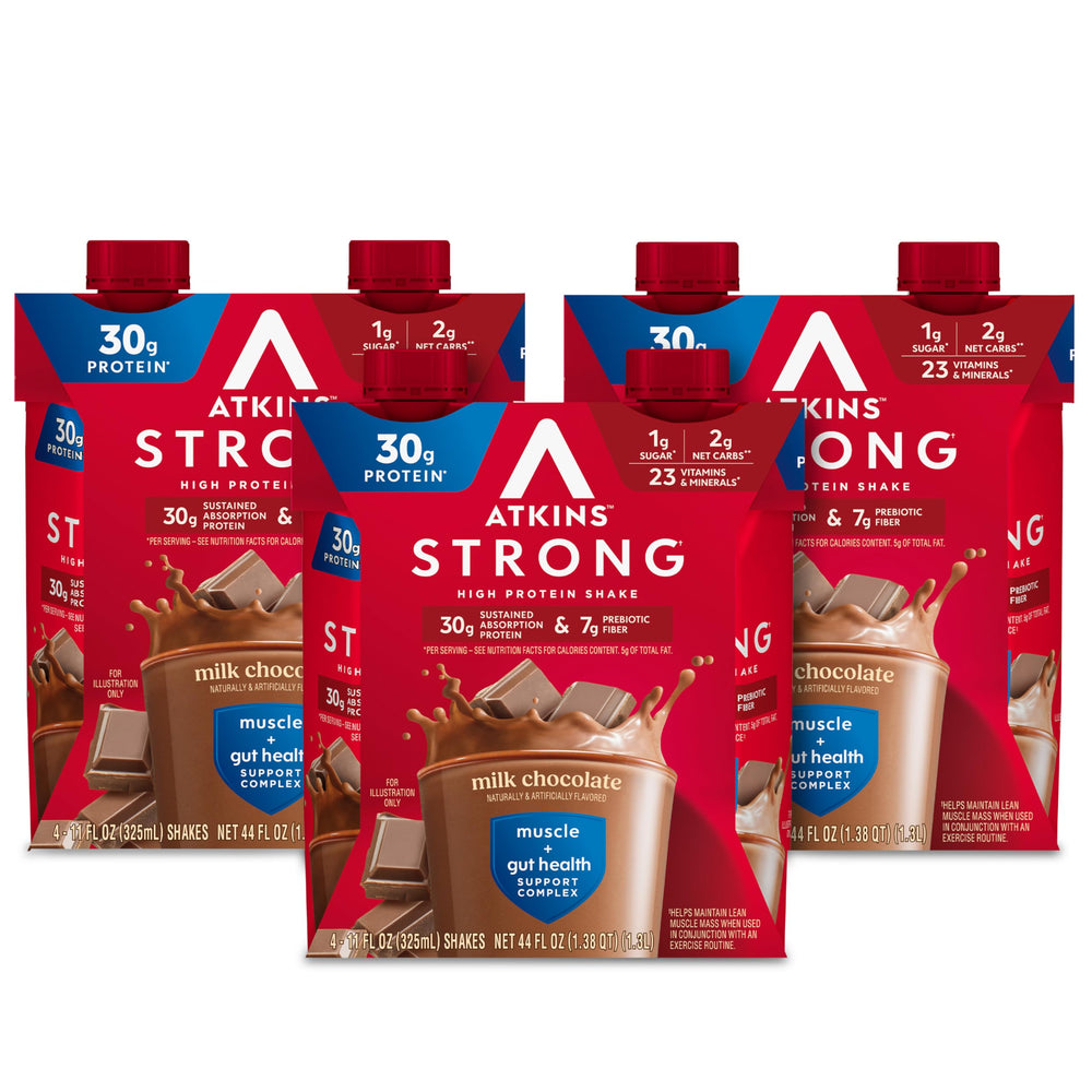 Atkins envase frontal sabor Milk Chocolate mostrando marca y beneficio alto en proteína