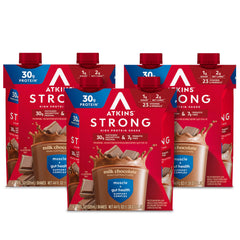Atkins envase frontal sabor Milk Chocolate mostrando marca y beneficio alto en proteína