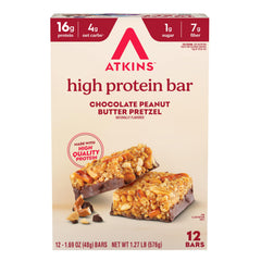 Atkins frontal del paquete mostrando 12 barras y conveniencia para llevar