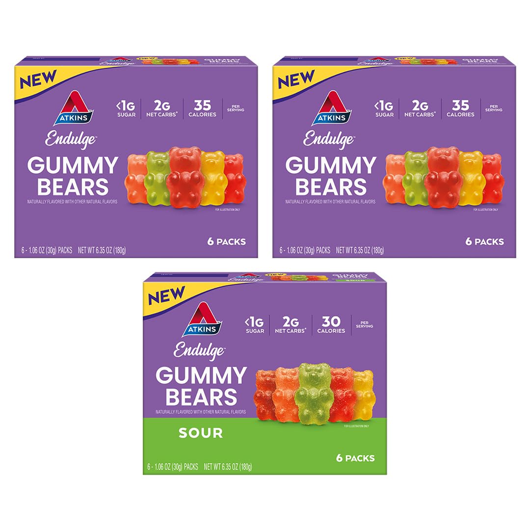 Atkins gomitas pack frontal mostrando 18 unidades y variedad de sabores