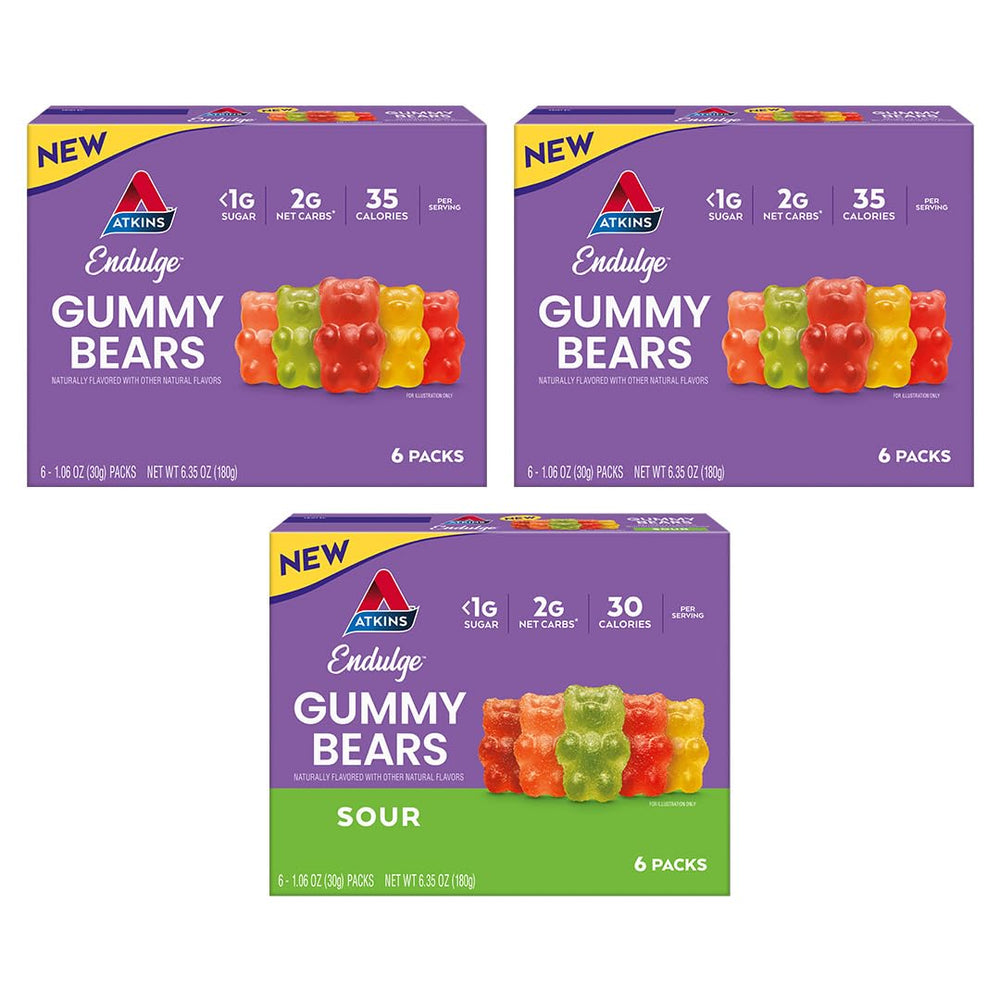 Atkins gomitas pack frontal mostrando 18 unidades y variedad de sabores