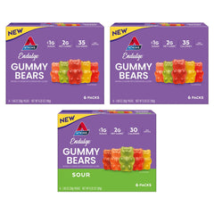 Atkins gomitas pack frontal mostrando 18 unidades y variedad de sabores