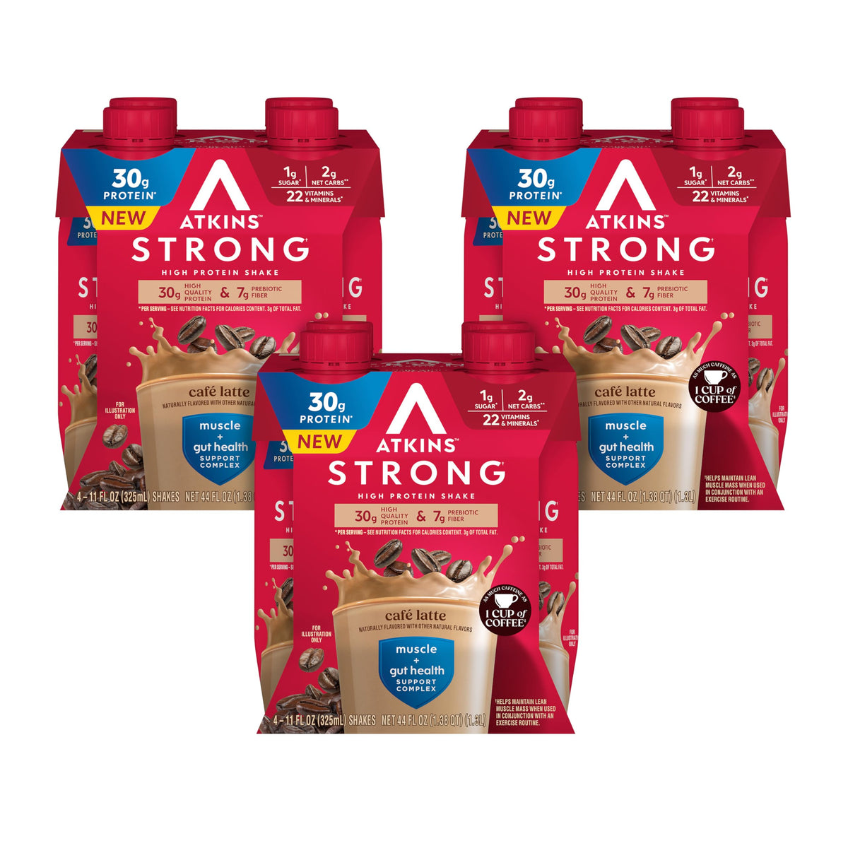 Atkins front bottle showing café latte flavor and protein benefits