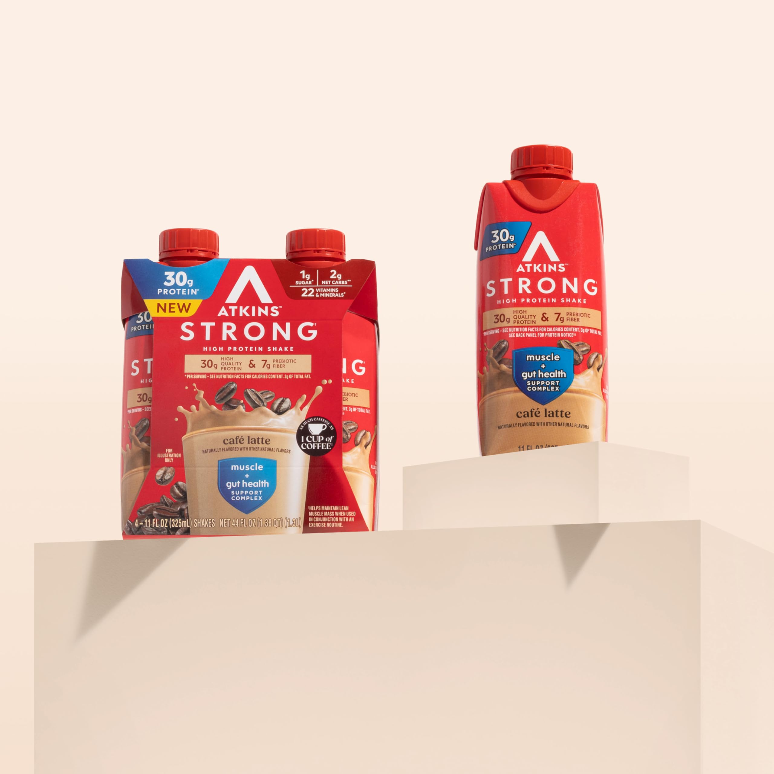 Atkins bottle on kitchen counter with breakfast for quick fueling