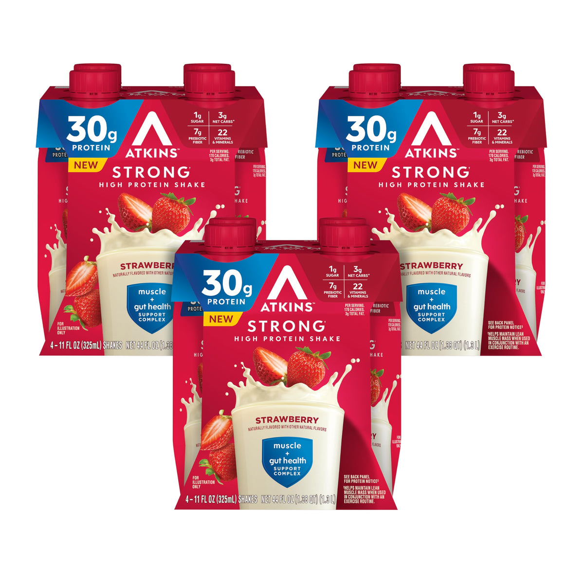 Atkins strong front packaging showing bottle and label for grab-and-go convenience