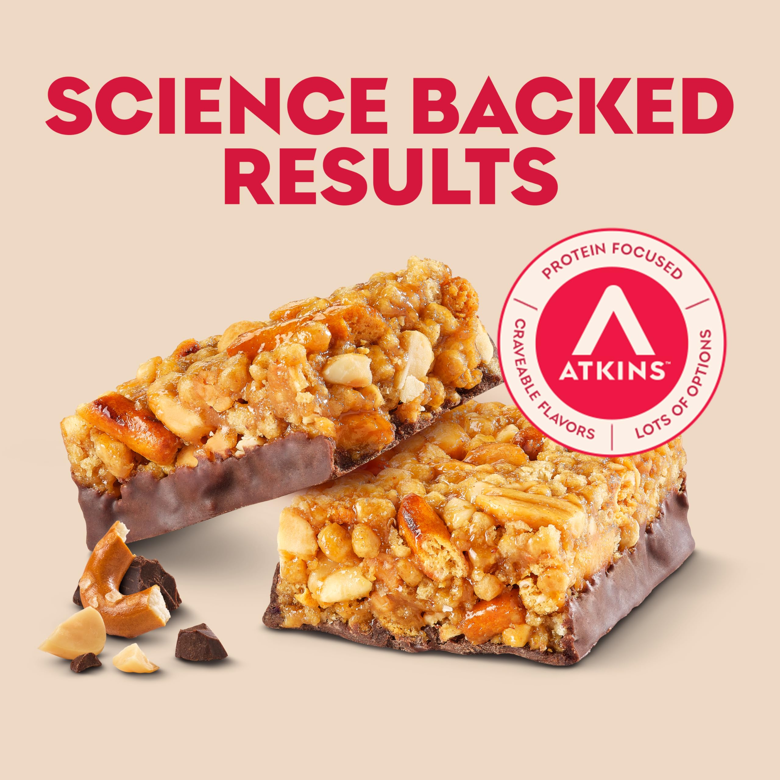 Atkins primeros planos de trozos de pretzel que aportan crujiente y sabor