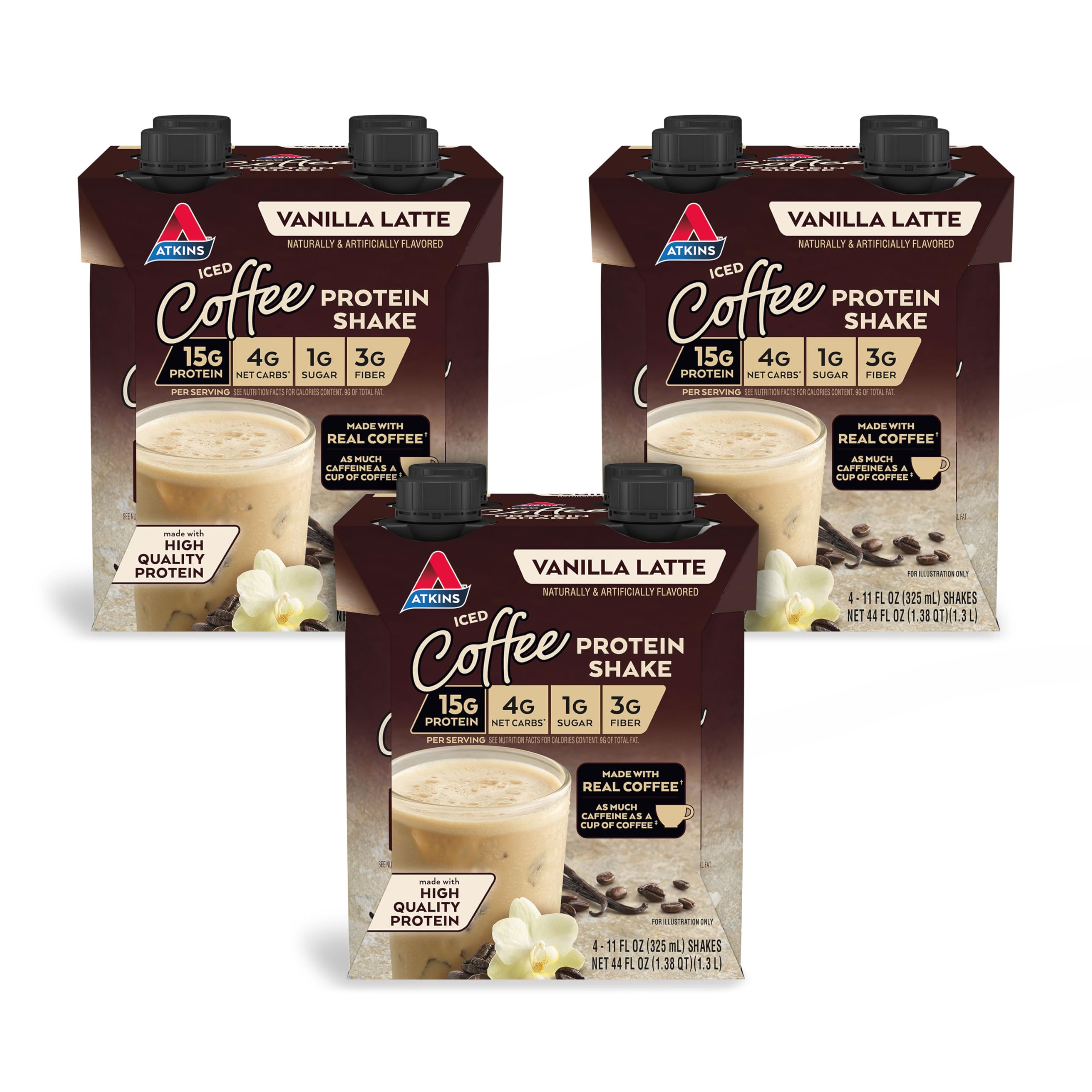 Atkins vanilla latte front view showing bottle and benefits
