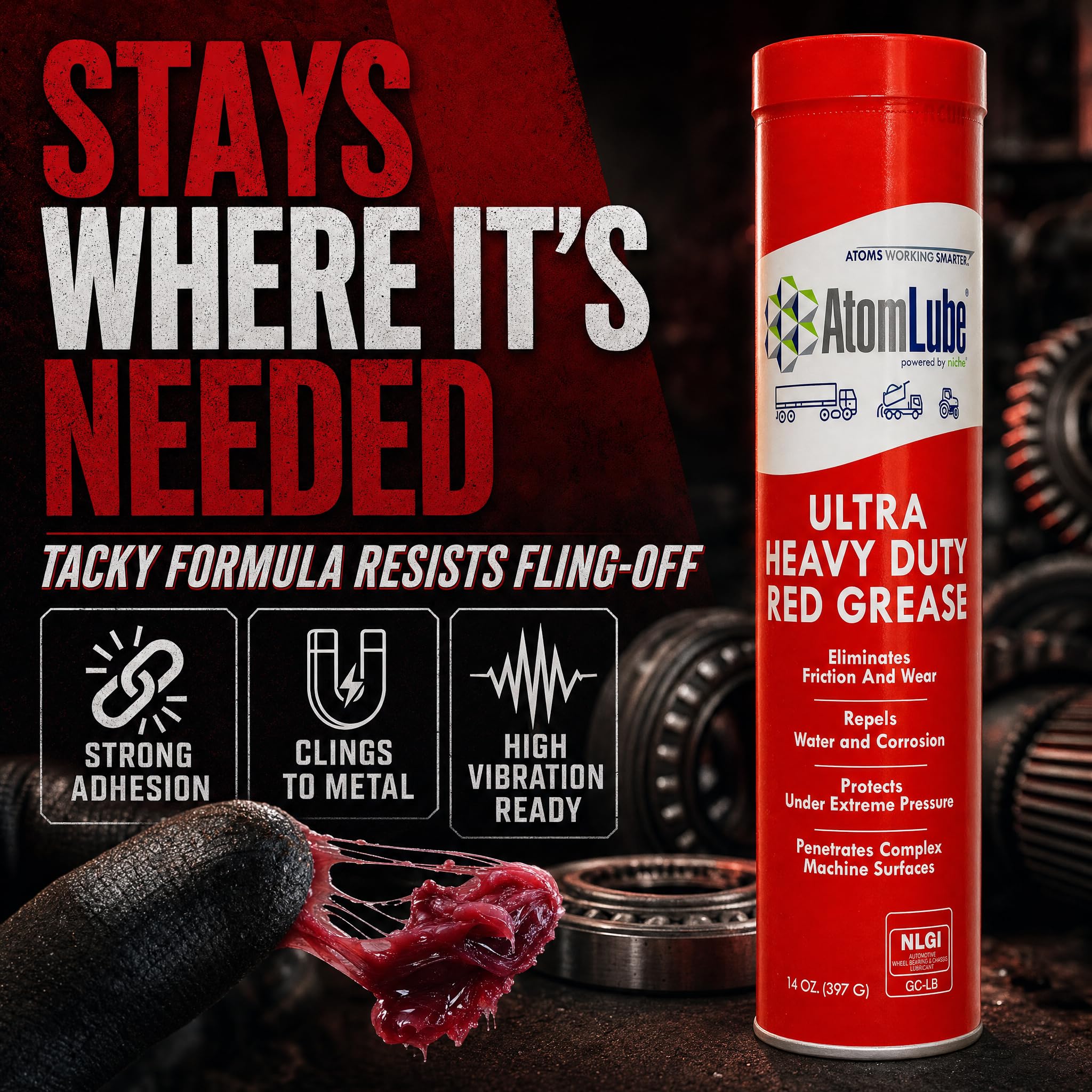 AtomLube label detail highlighting NLGI GC-LB certification benefit
