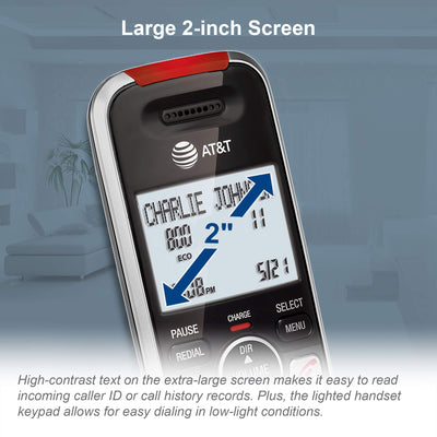 AT&T answering machine display showing recorded messages and easy playback control