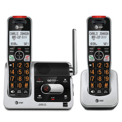 AT&T front view of base and two handsets showing modern design and reliable connectivity