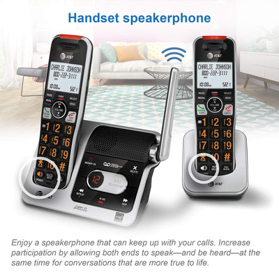 AT&T boxed package with two handsets, chargers, cords, and quick-start guide included