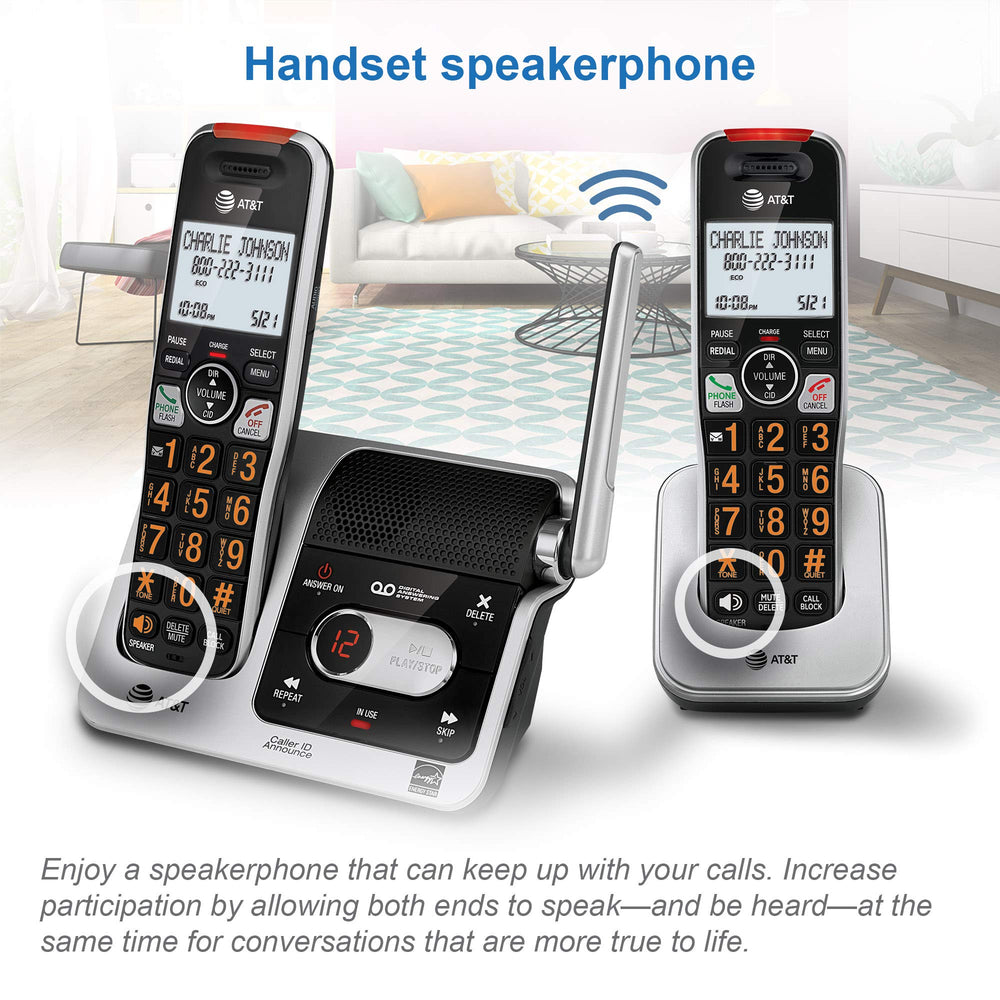 AT&T boxed package with two handsets, chargers, cords, and quick-start guide included