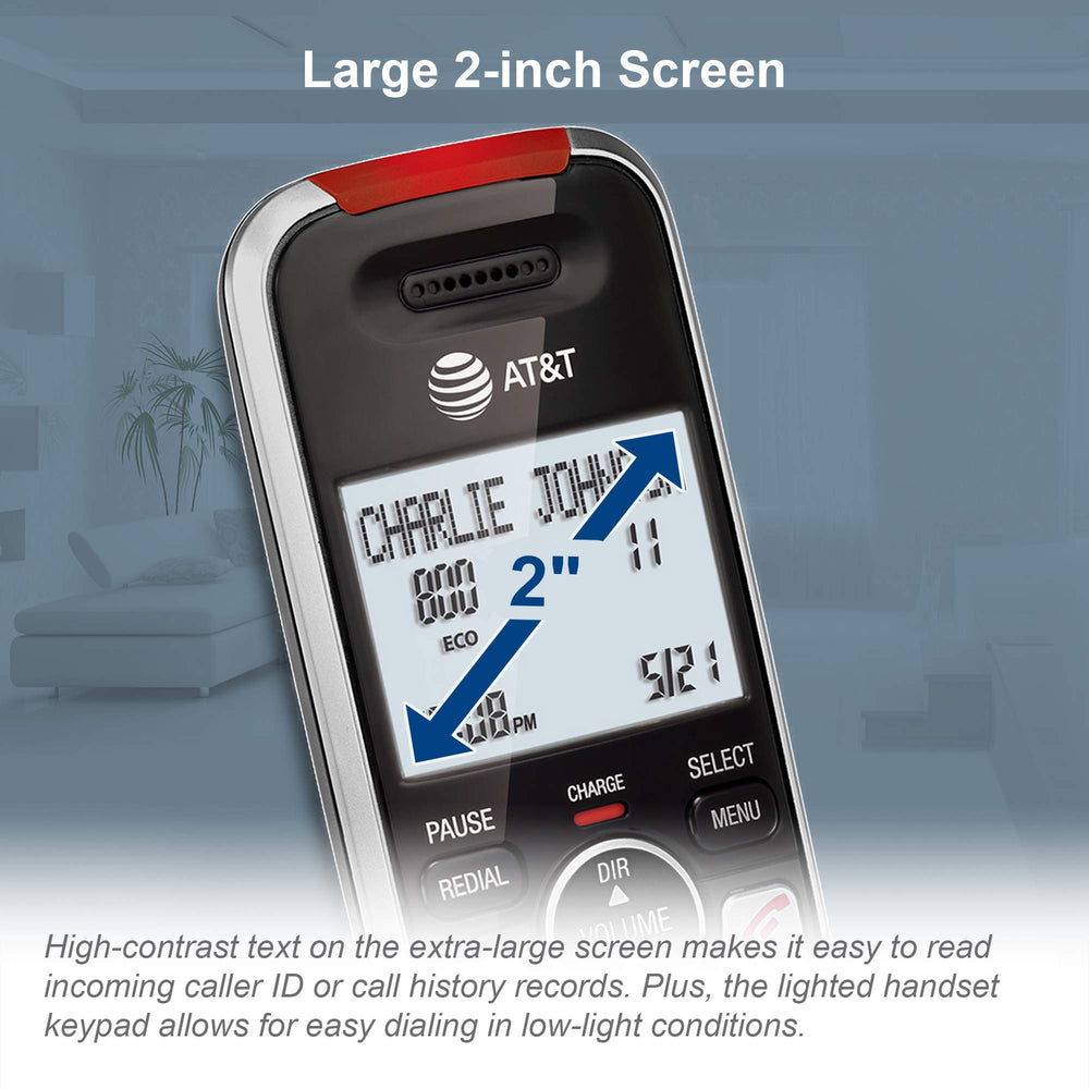 AT&T answering machine display showing message count and easy playback