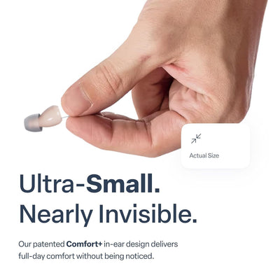 Audien Atom One close-up inside ear showing comfortable discrete fit and confidence